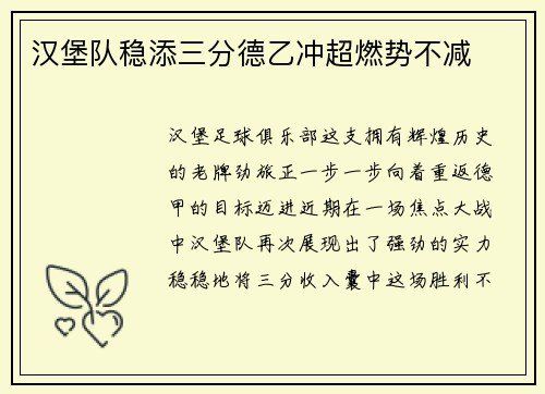 汉堡队稳添三分德乙冲超燃势不减